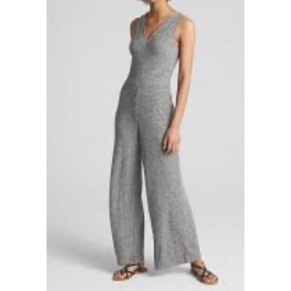GAP Heather Gray Ribbed V-Neck Wide-Leg Jumpsuit